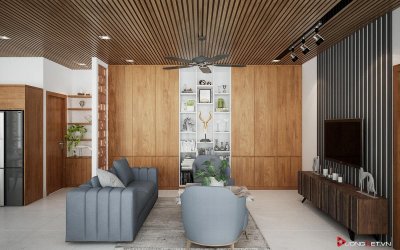 Thiết kế nội thất phòng khách với gỗ ốp tường